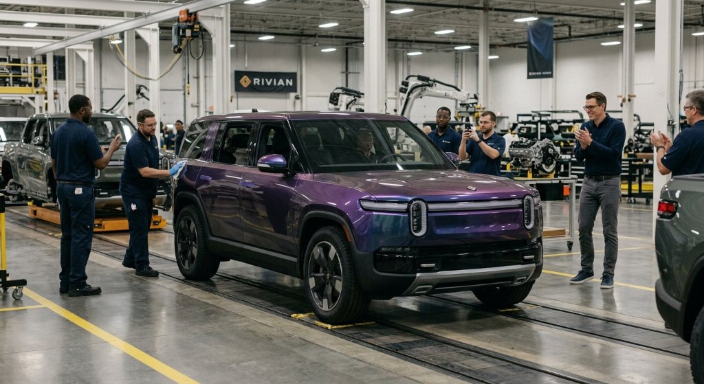 Rivian’s R2 Ramp Speeds Up as First Stunning 'Borealis' Purple Model Rolls Off Assembly Line